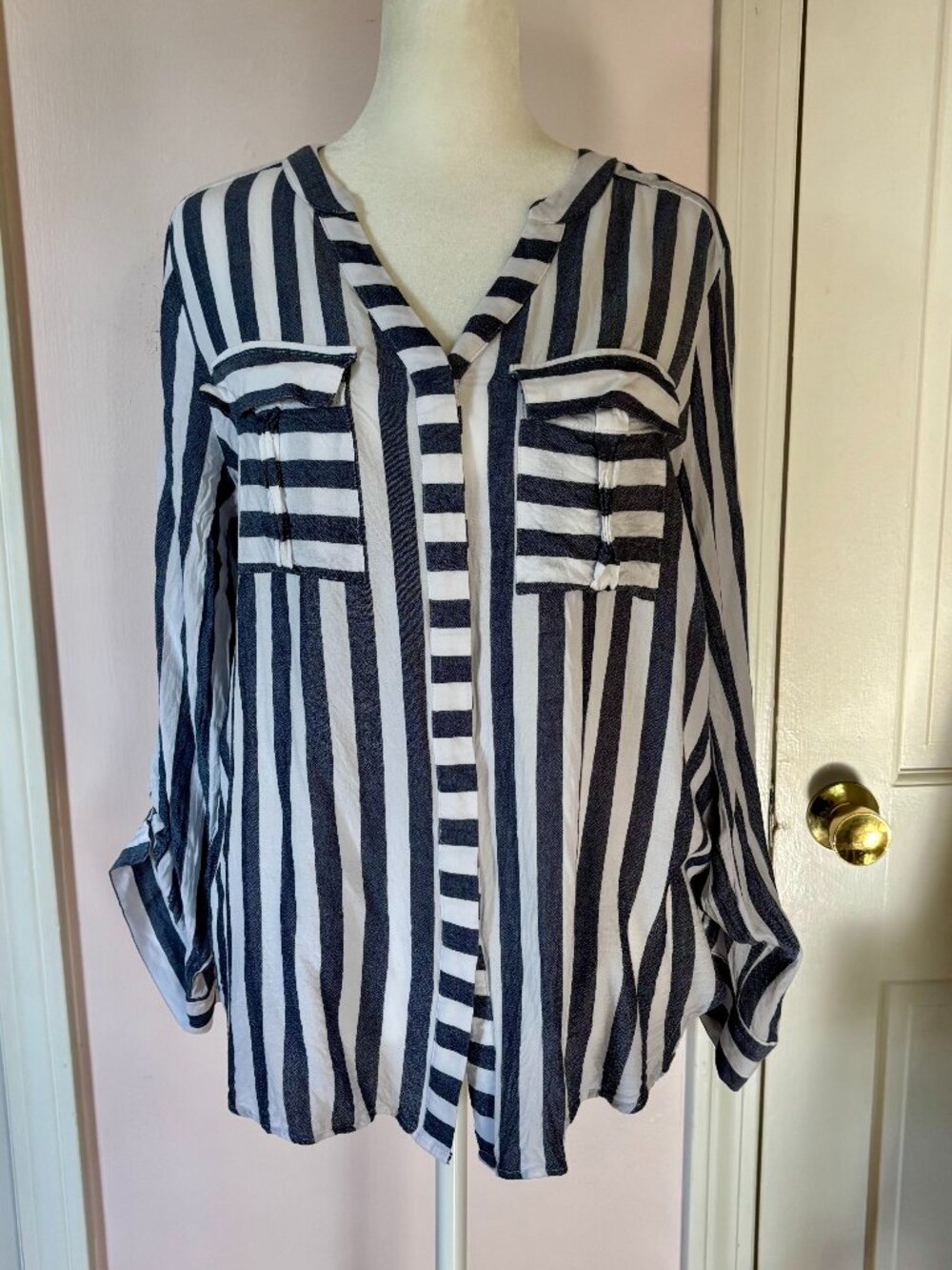 Women's grey & white relaxed Striped V-Neck Button-Front Blouse by a.n.a.
